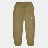 Olive green hemp sweat pants. Front view. White embroidered 7319 logo down leg of hemp joggers. Natural organic material.