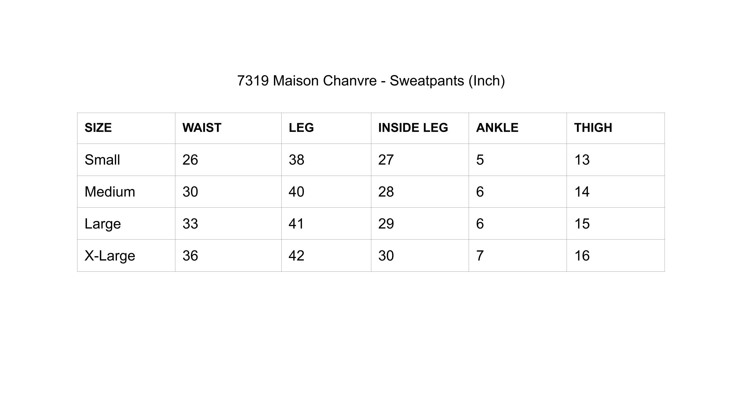 Size Chart Inch