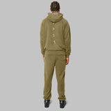 Olive hemp tracksuit, full set. Olive hemp joggers, olive hemp hoodie.  White 7319 logo embroidered along top of hood and down the spine of hoodie. Natural organic material.  