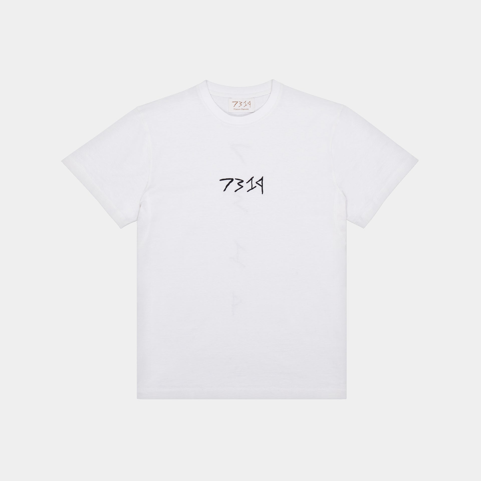 white hemp t-shirt with 7319 embroidered logo in black. Front view. Sustainable street style.