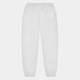 White hemp sweatpants. Shot of back. 7319 embroidered logo down side of back pocket. Natural organic material. Sustainable street fashion.