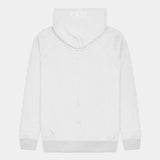 white hemp hoodie. Back shot. embroidered logo on hood. natural, organic fabric. Sustainable street fashion.