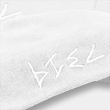 7319 embroidered logo on blanc white hemp hood. Natural organic fabric. 