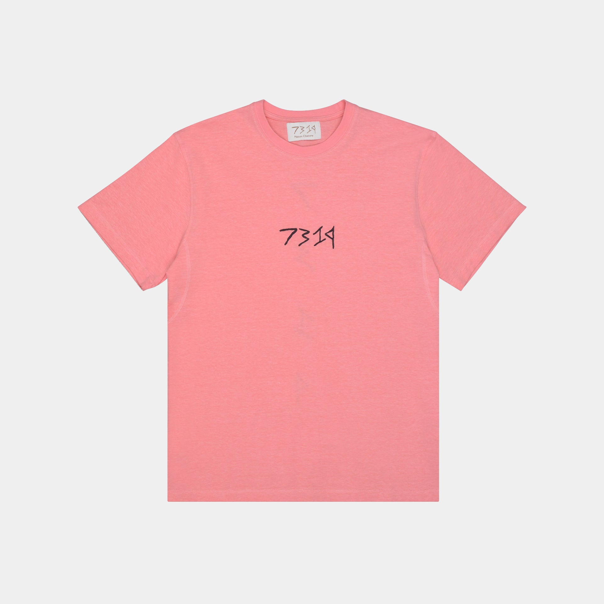 Pink hemp t-shirt. Black 7319 logo embroidered on front. Naturally soft and breathable material. Sustainable hemp fashion.
