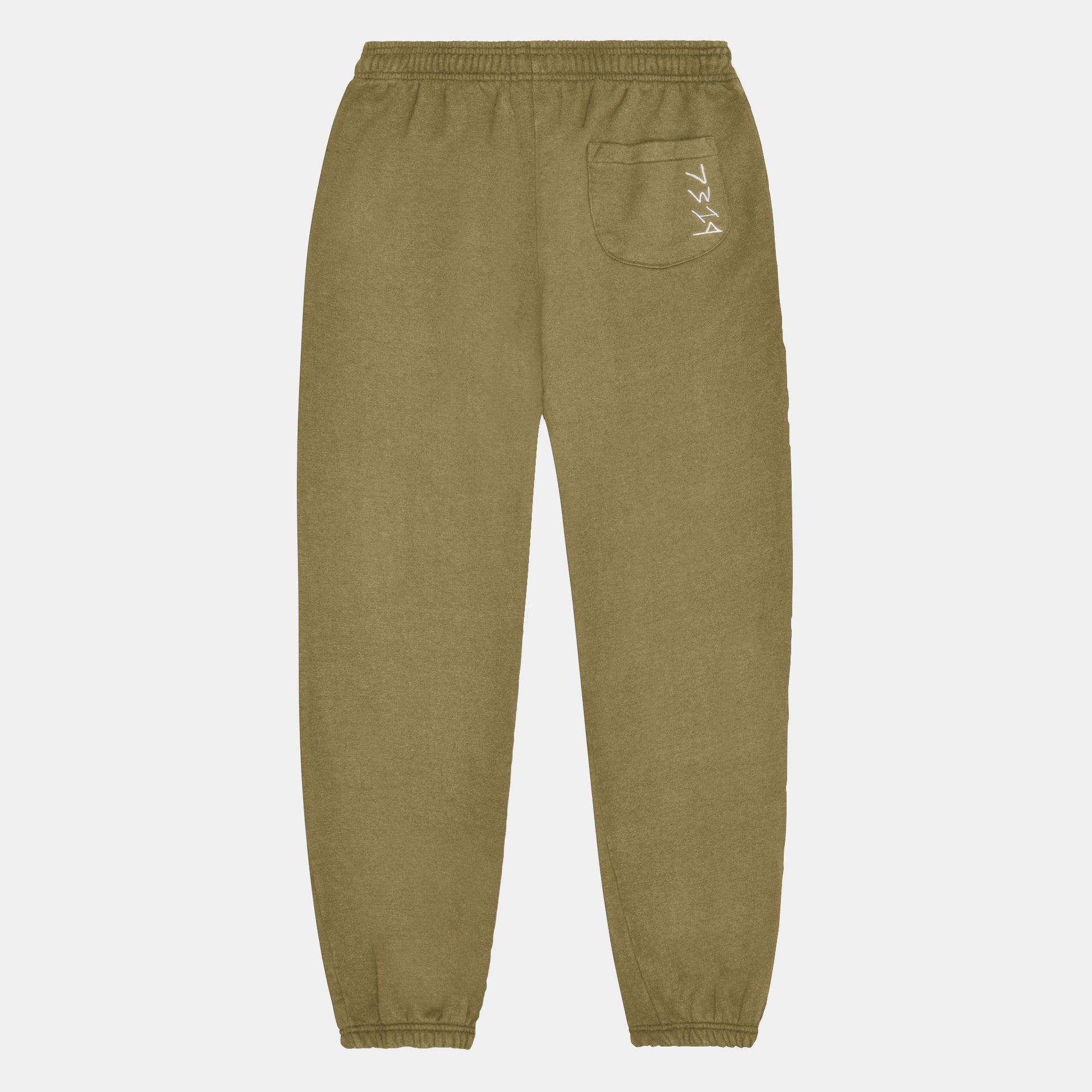 Olive green hemp sweatpants. Back view. Back pocket with white 7319 logo embroidered down right side. Sustainable workout attire. 