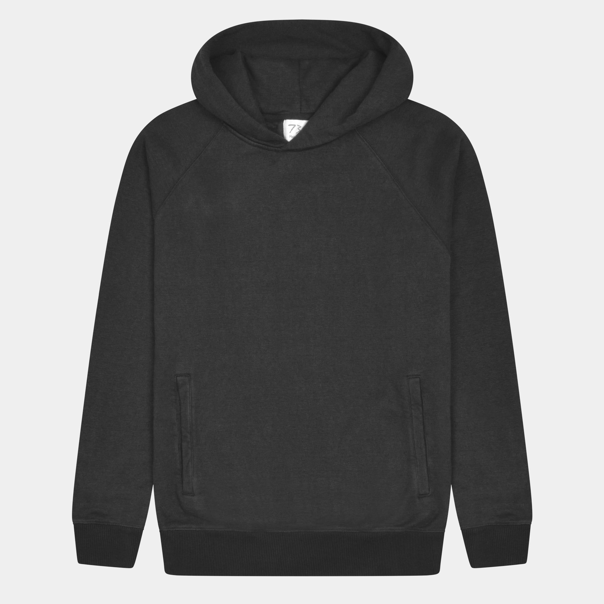 Black hemp hoodie. View from front. Relaxed fit. Natural organic material. Sustainable workout attire. Zero waste, conscious fashion. 