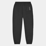Back shot of black hemp sweatpants. Back pocket with white 7319 detailing down side of pocket. Sustainable hemp clothing.